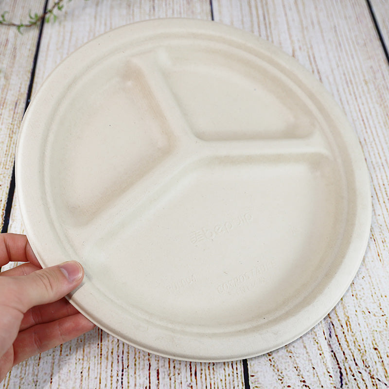 バガス 再生紙製容器 三区切り丸トレイ 26cm 直径260×26h 400個セット (サトウキビの搾りカスから再生された堆肥可能なパルプ製)業務用 大容量 (メーカー直送品)