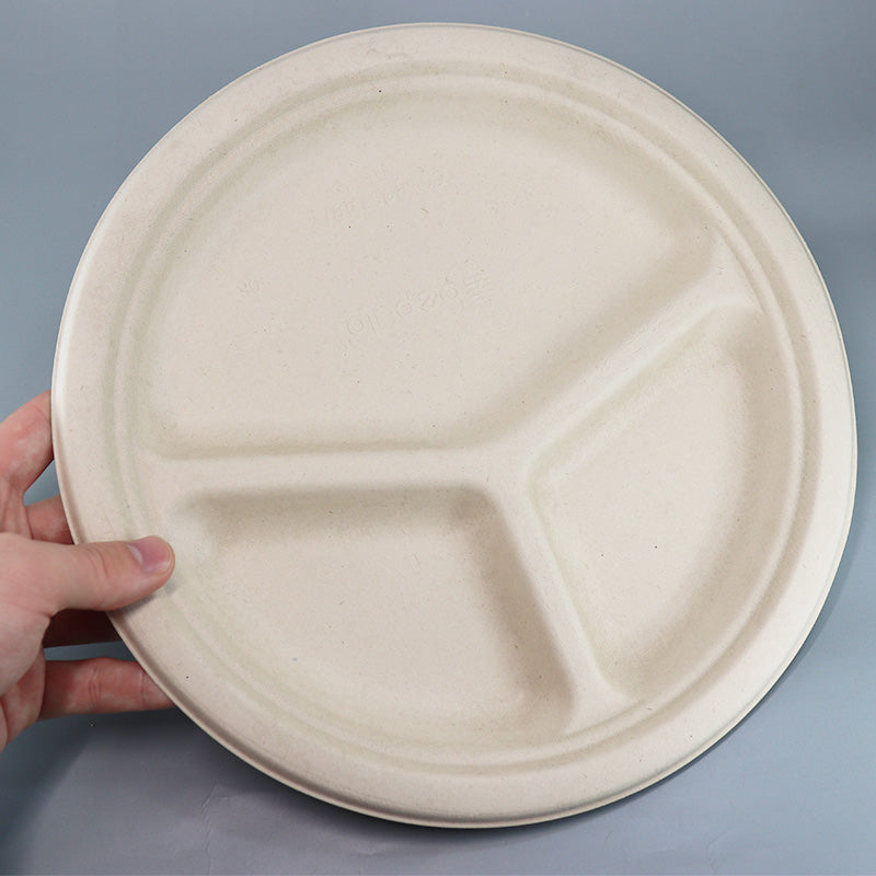 バガス 再生紙製容器 三区切り丸トレイ 26cm 直径260×26h 400個セット (サトウキビの搾りカスから再生された堆肥可能なパルプ製)業務用 大容量 (メーカー直送品)