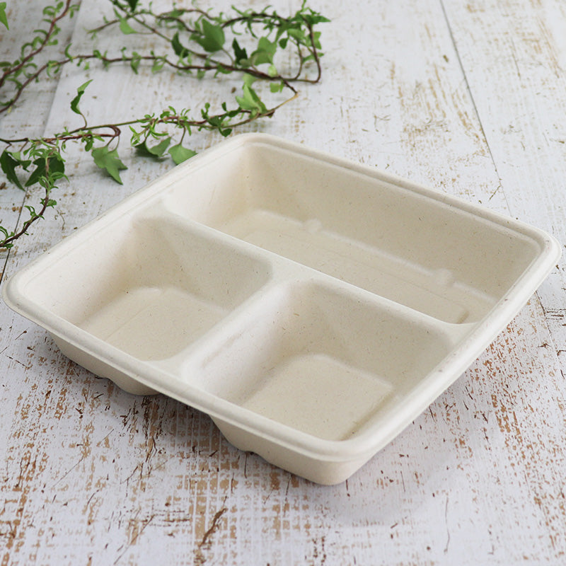 バガス 再生紙製容器 三区切りパルプトレイ 22.6cm角 (230ml×2+440ml) 226×226×44 300個セット (サトウキビの搾りカスから再生された堆肥可能なパルプ製)業務用 大容量 (メーカー直送品)