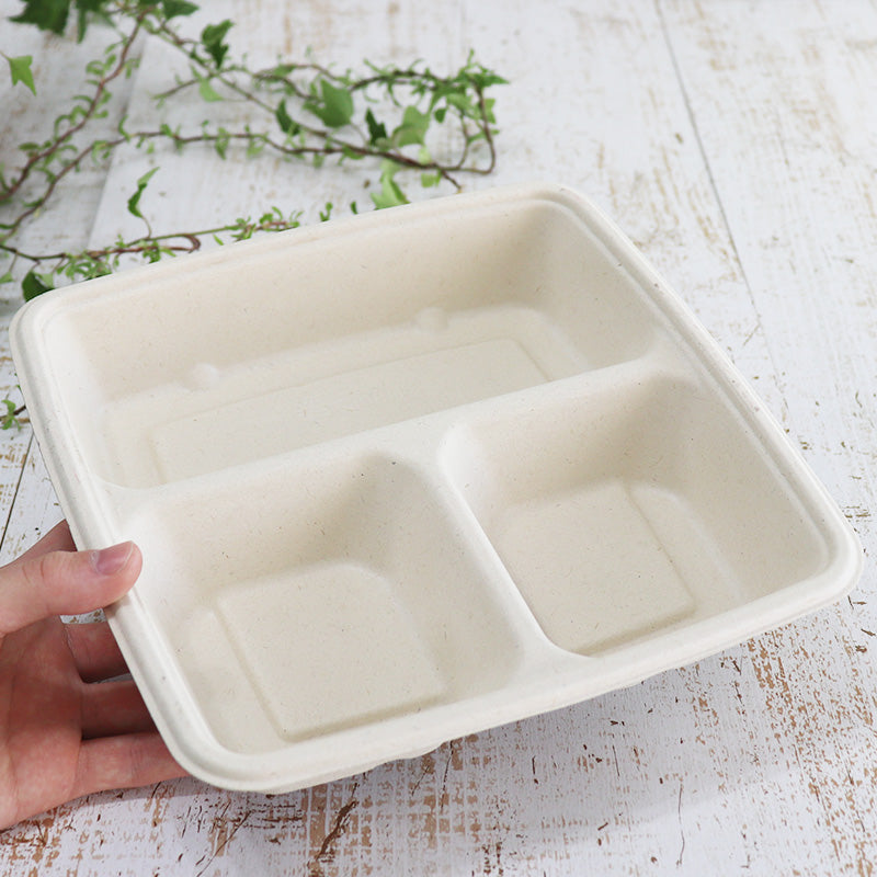 バガス 再生紙製容器 三区切りパルプトレイ 22.6cm角 (230ml×2+440ml) 226×226×44 300個セット (サトウキビの搾りカスから再生された堆肥可能なパルプ製)業務用 大容量 (メーカー直送品)
