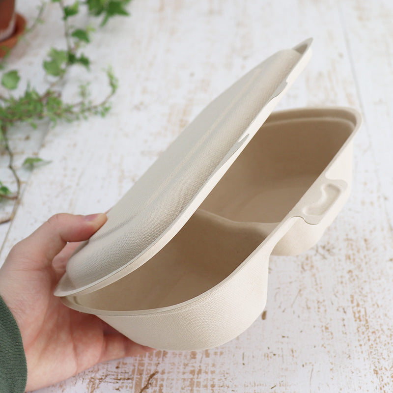 バガス 再生紙製容器 パルプヒンジコンテナ 二区切りL(275ml+355ml)225×165×52 300個セット (サトウキビの搾りカスから再生された堆肥可能なパルプ製)業務用 大容量 (メーカー直送品)
