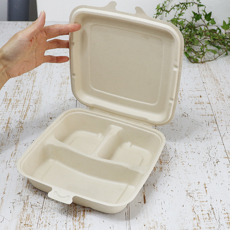 Sabert セイバート バガス 再生紙製容器 SBT-パルプヒンジコンテナSQ 3区切り 750ml 蓋付き 300個セット(サトウキビの搾りカスから再生された堆肥可能なパルプ製)業務用 大容量 (メーカー直送品)