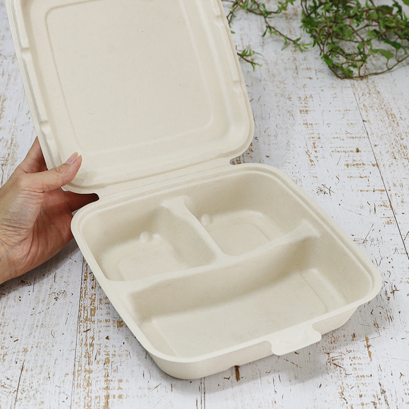 Sabert セイバート バガス 再生紙製容器 SBT-パルプヒンジコンテナSQ 3区切り 750ml 蓋付き 300個セット(サトウキビの搾りカスから再生された堆肥可能なパルプ製)業務用 大容量 (メーカー直送品)