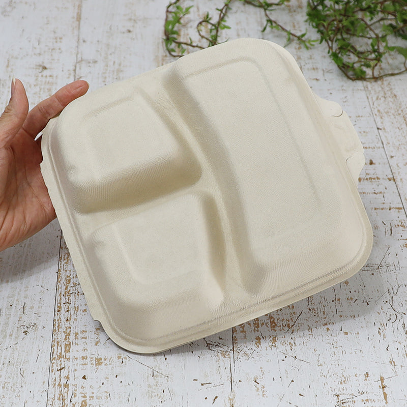 Sabert セイバート バガス 再生紙製容器 SBT-パルプヒンジコンテナSQ 3区切り 750ml 蓋付き 300個セット(サトウキビの搾りカスから再生された堆肥可能なパルプ製)業務用 大容量 (メーカー直送品)