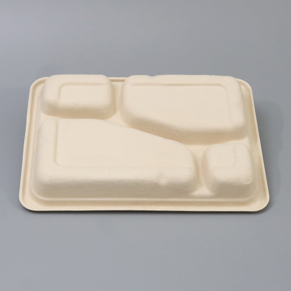 バガス 再生紙製容器 SBT 4区切りパルプモールドYB PLA ラミ 232x170×30.6 300個セット お弁当容器 弁当(サトウキビの搾りカスから再生された堆肥可能なパルプ製)業務用 大容量 (メーカー直送品)