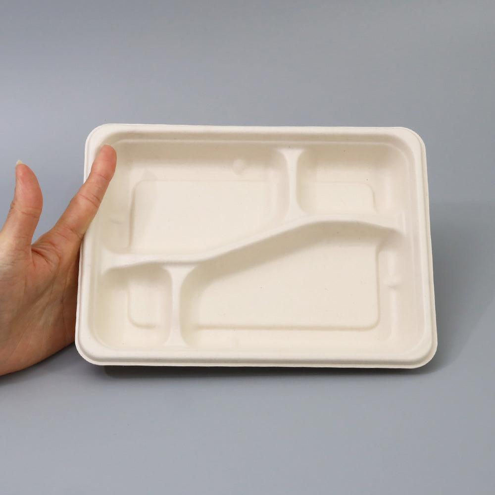 バガス 再生紙製容器 SBT 4区切りパルプモールドYB PLA ラミ 232x170×30.6 300個セット お弁当容器 弁当(サトウキビの搾りカスから再生された堆肥可能なパルプ製)業務用 大容量 (メーカー直送品)