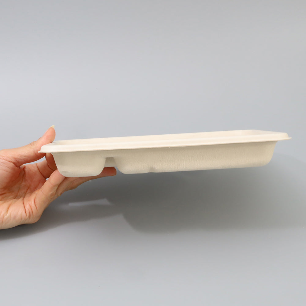 バガス 再生紙製容器 SBT 4区切りパルプモールドYB PLA ラミ 232x170×30.6 300個セット お弁当容器 弁当(サトウキビの搾りカスから再生された堆肥可能なパルプ製)業務用 大容量 (メーカー直送品)