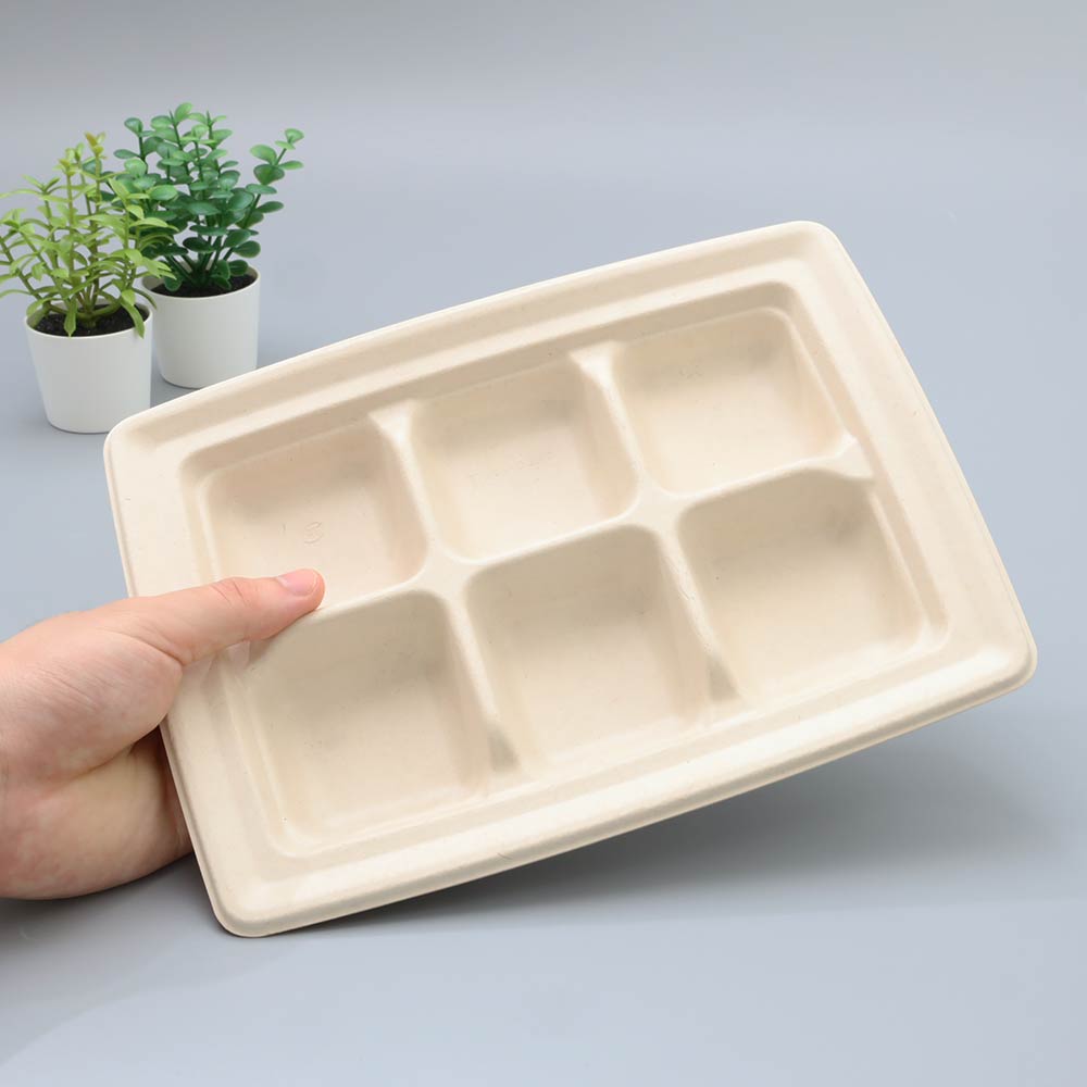 バガス 再生紙製容器 SBT パルプ6区切りトレイ 240×181×25mm 400枚セット お弁当容器 弁当(サトウキビの搾りカスから再生された堆肥可能なパルプ製)業務用 大容量 (メーカー直送品)