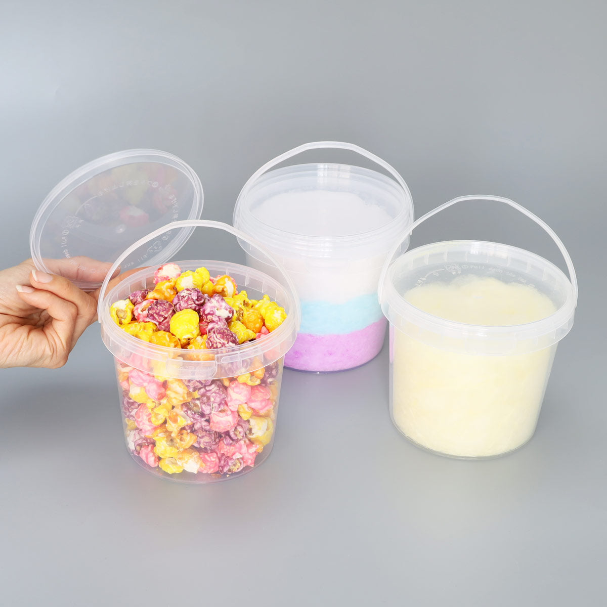 業務用 ポップコーンバケツ 綿菓子バケツ(持ち手・蓋付き)800ml 200個セット ミニバケツ 大きめ プラバケツ お菓子 綿菓子 ポップコーン 業務用 お祭り用品 食品用バケツ プラスティック バケツ フタ付き ハンドル付き