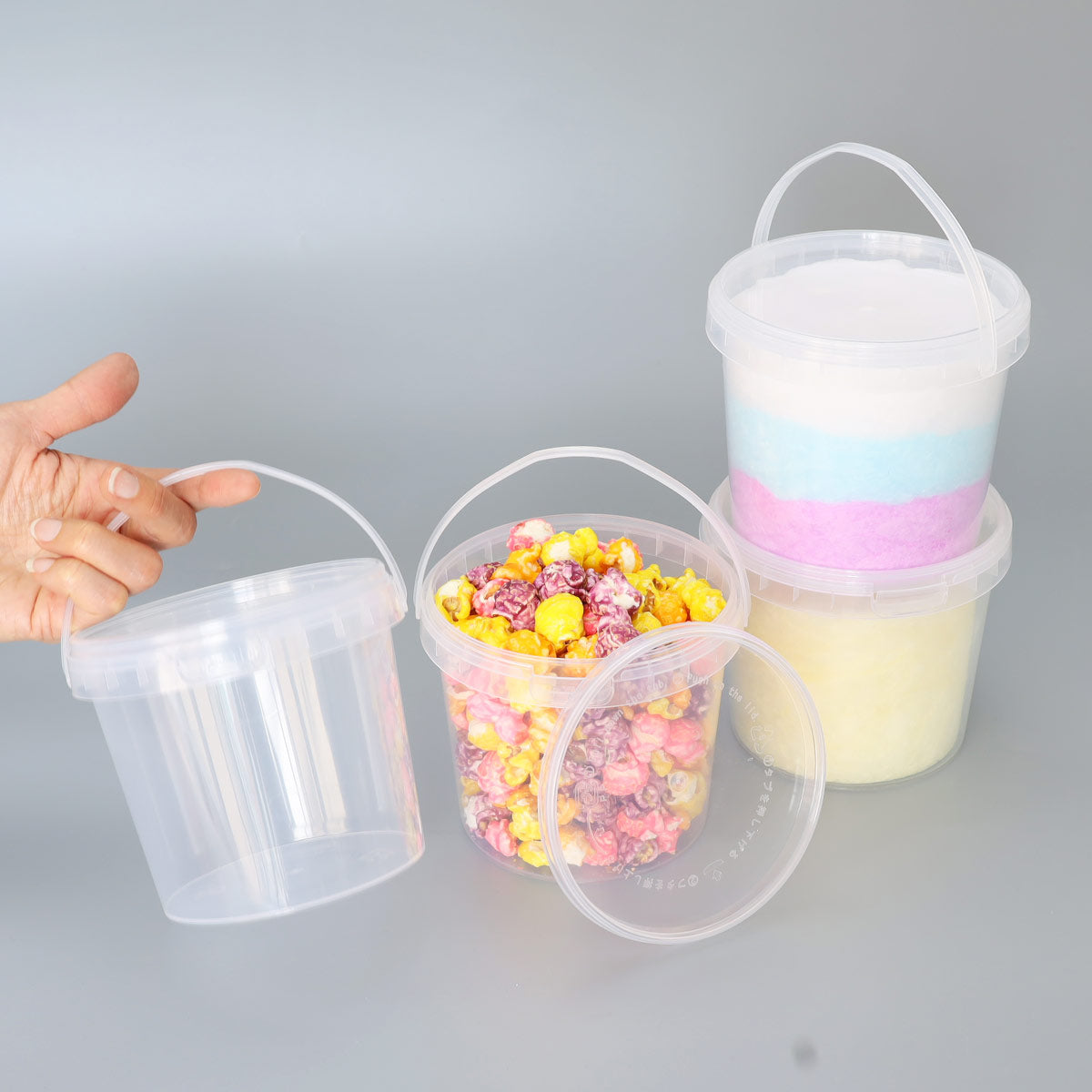 業務用 ポップコーンバケツ 綿菓子バケツ(持ち手・蓋付き)800ml 200個セット ミニバケツ 大きめ プラバケツ お菓子 綿菓子 ポップコーン 業務用 お祭り用品 食品用バケツ プラスティック バケツ フタ付き ハンドル付き