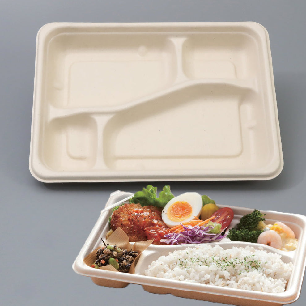 バガス 再生紙製容器 SBT 4区切りパルプモールドYB PLA ラミ 232x170×30.6 300個セット お弁当容器 弁当（サトウキ ...
